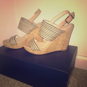 Navy and cork wedges